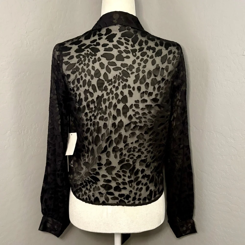 NWT Good American 2 (M) Long Sleeve Tie Front Black Leopard Burnout Blouse - Picture 2 of 9
